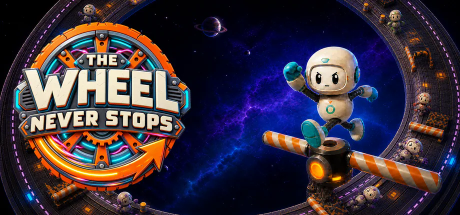 The Wheel Never Stops key art, showing runners navigating the inside of a huge ring in space