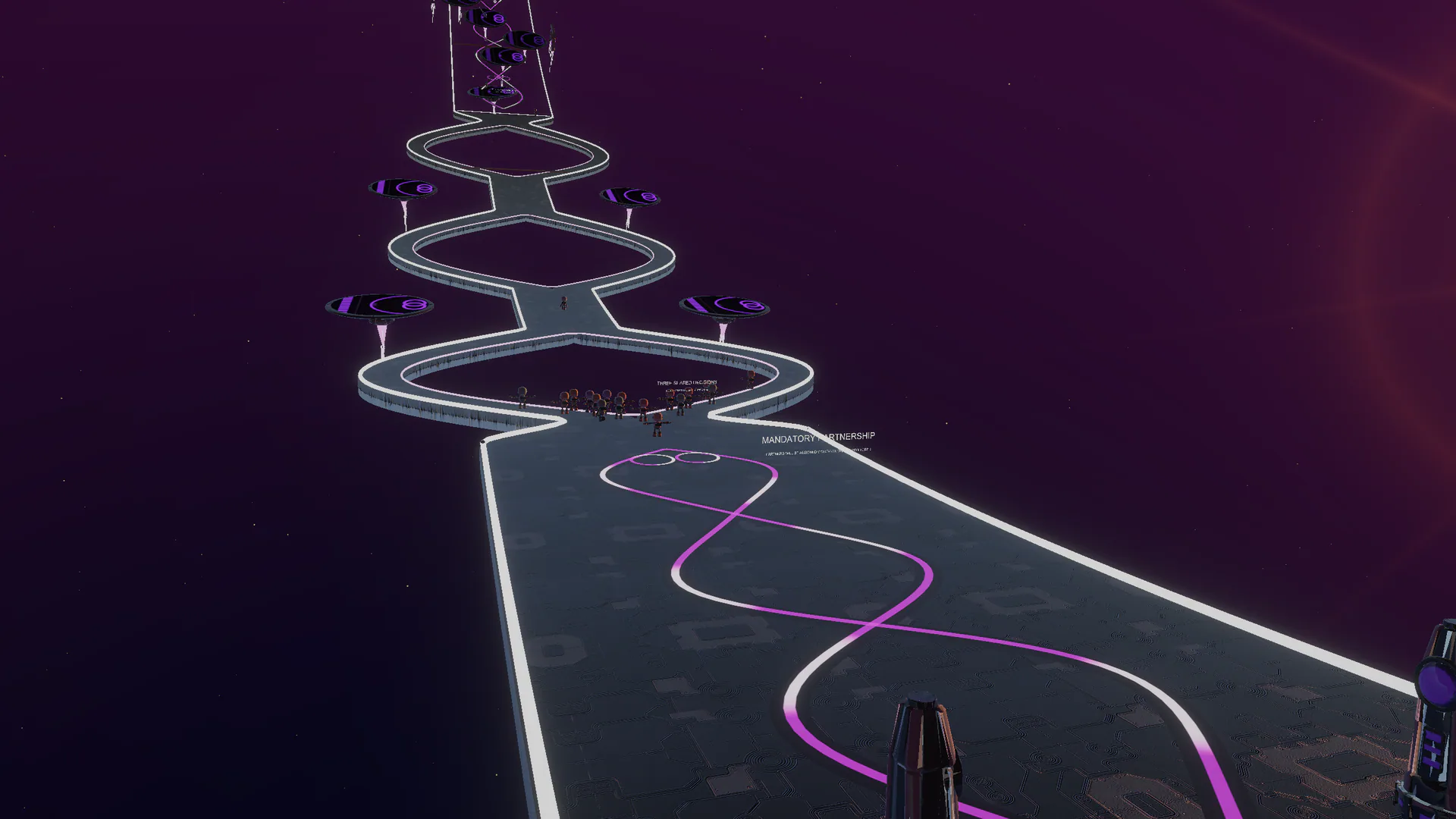 A crowd of runners approaches the purple figure-eight course in Mandatory Synergy
