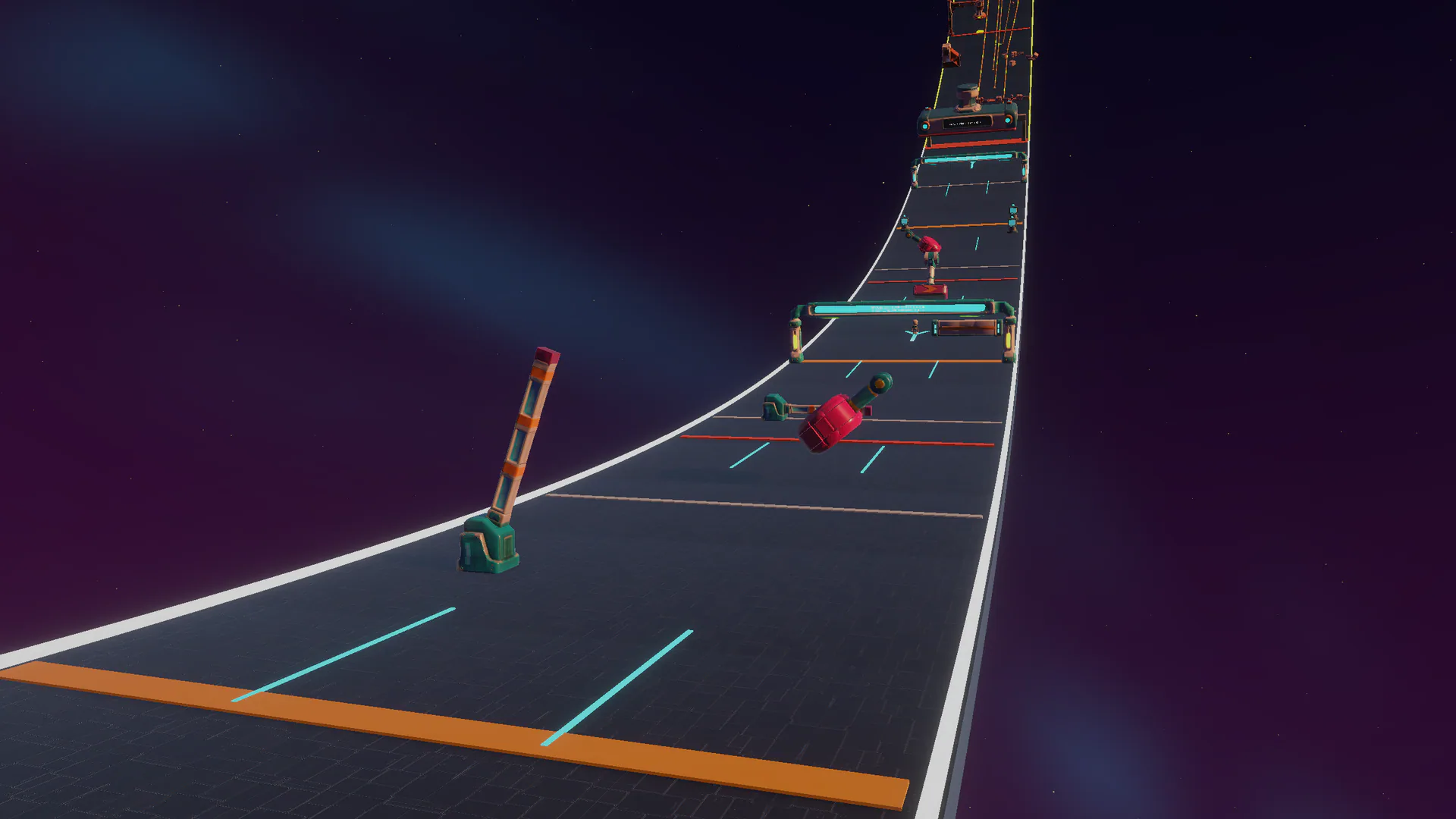 A ragdoll runner tumbles through the cyan-lit Onboarding and Orientation district