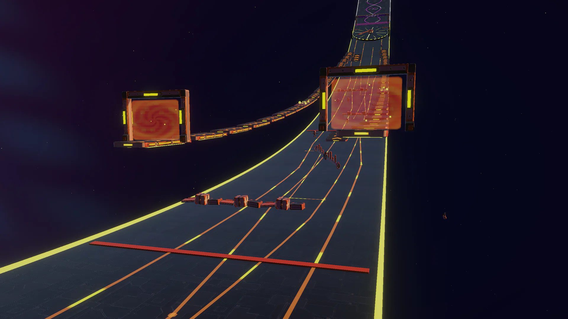 Orange portals and moving obstacles on the curving Productivity Quarter track