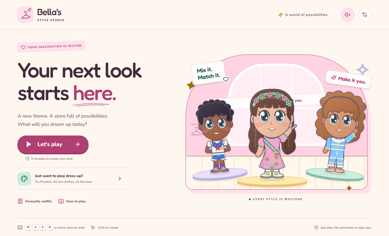 Bella's Style Studio home screen with three dressed-up characters and solo or two-player options