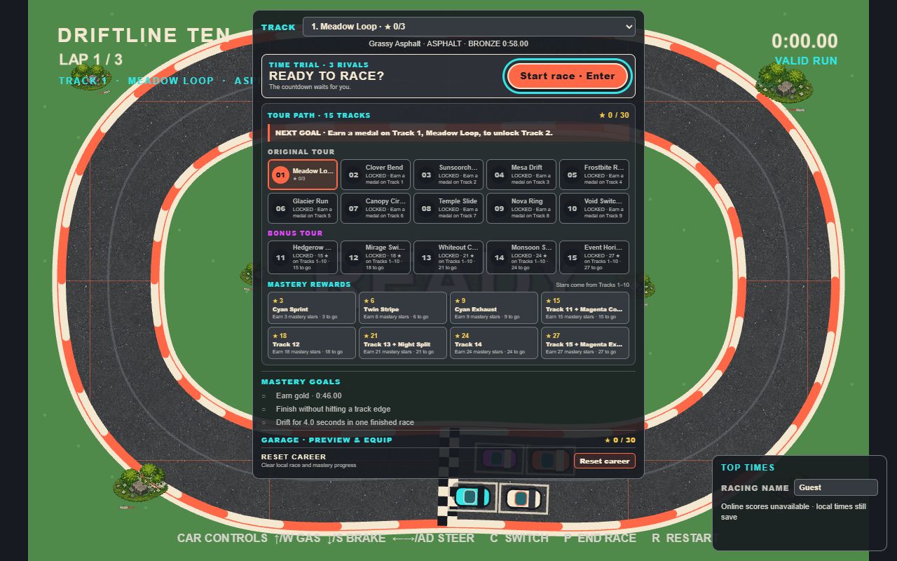 Driftline 10 showing its first race track and fifteen-track progression panel