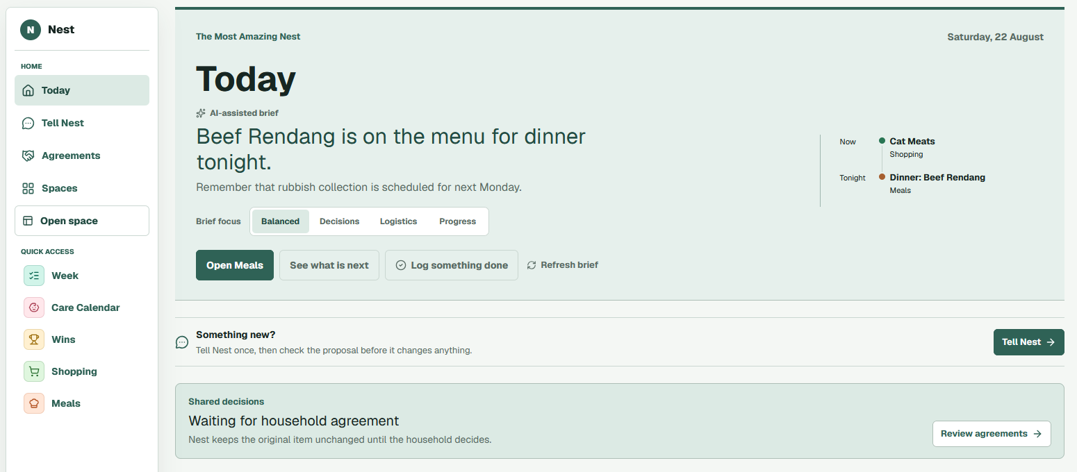 Nest Today dashboard showing a household brief, upcoming tasks and shared decisions