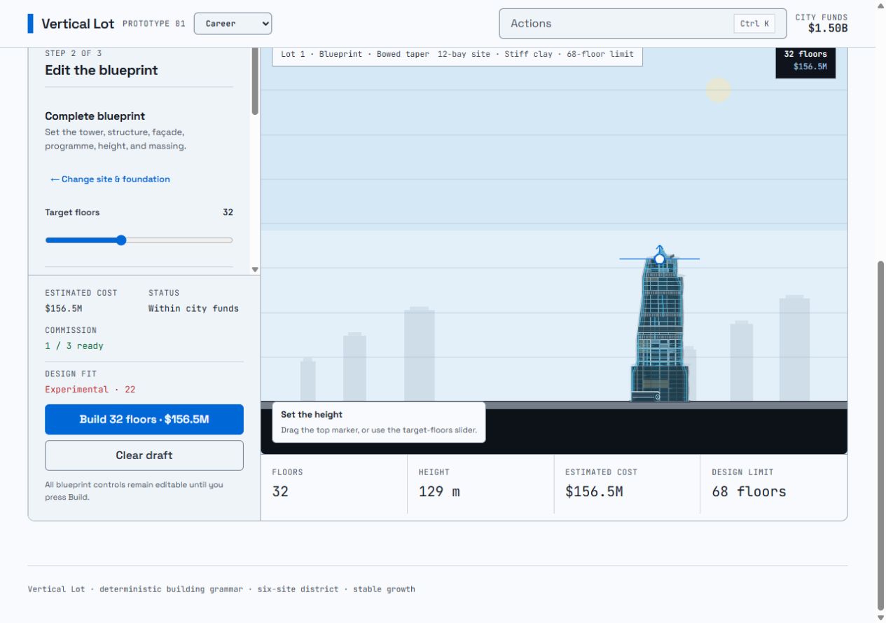 Vertical Lot blueprint workbench showing a procedural 32-floor tower, construction controls, budget and design limits