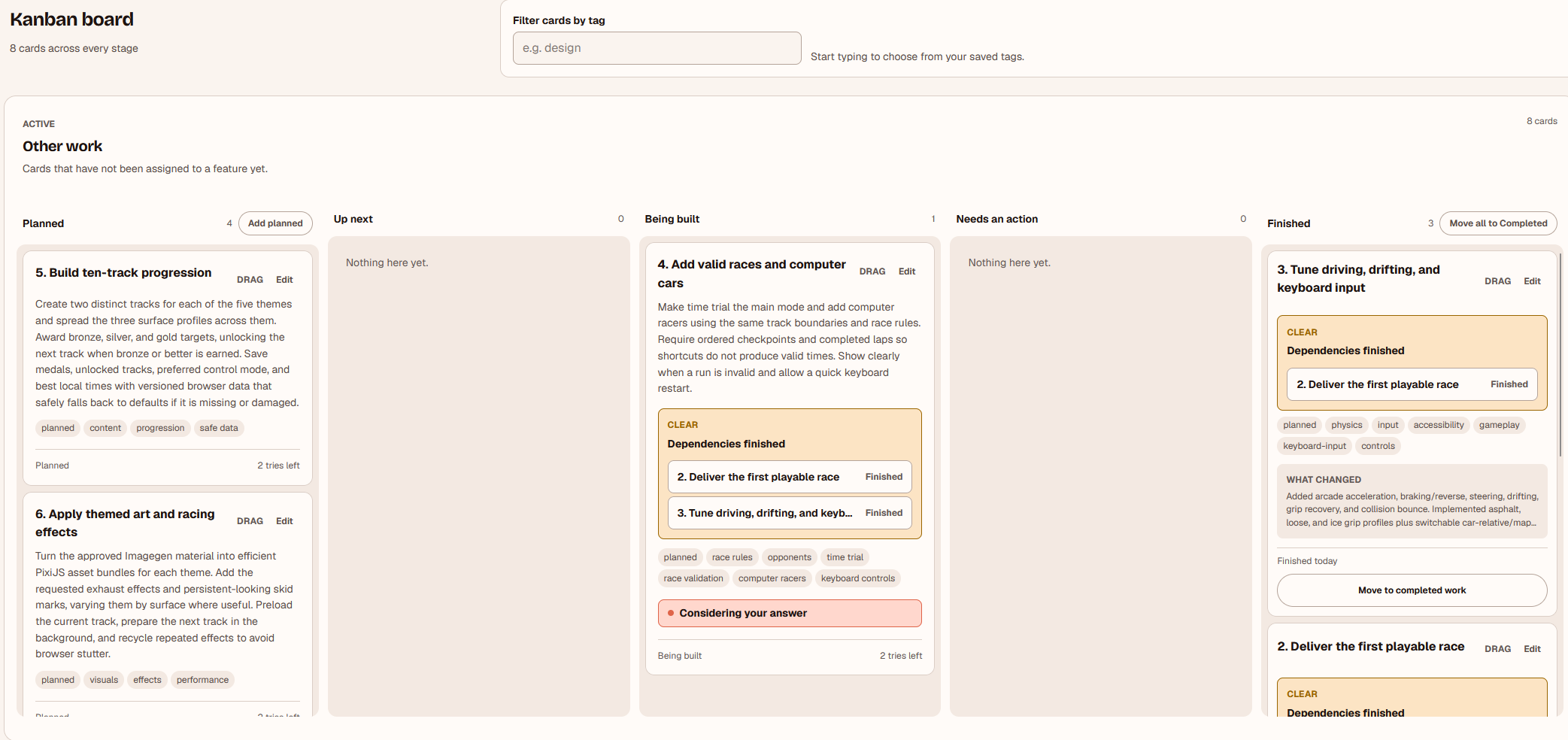 Vibe Companion Kanban board with planned, active and finished project cards