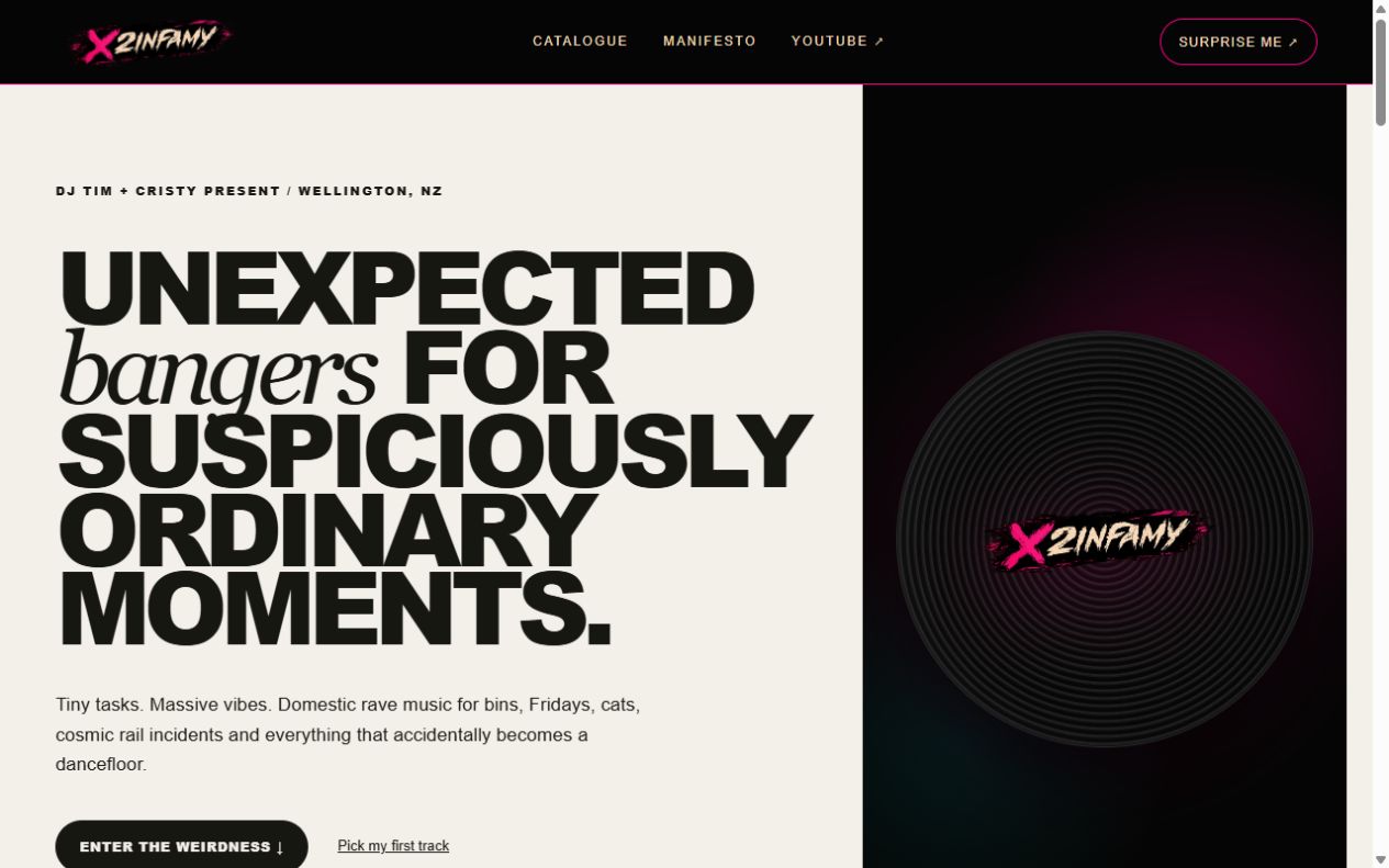 X2INFAMY music showcase with its catalogue introduction and record artwork